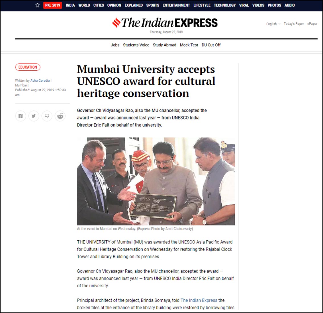 Mumbai University accepts UNESCO award for cultural heritage conservation, The Indian Express- August 2019